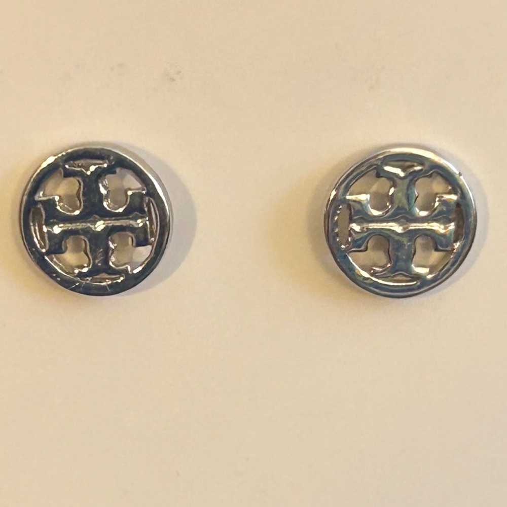 Tory Burch Silver Circular Logo Earring Studs